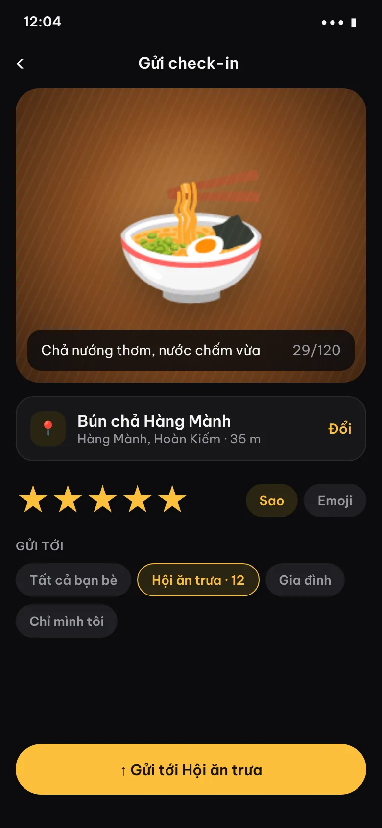 Màn hình gửi check-in: chấm 5 sao, chọn nhóm Hội ăn trưa